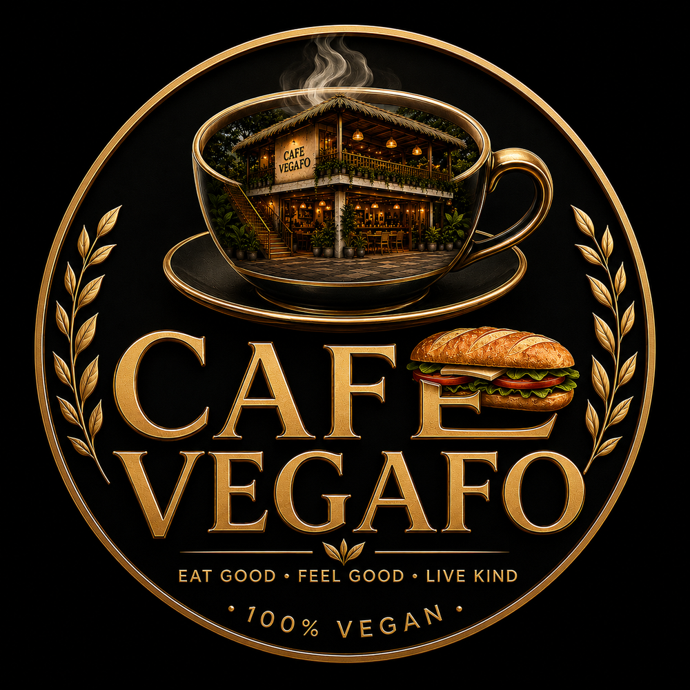 Cafe Vegafo emblem — golden crest with a coffee cup housing a vegan café